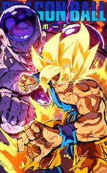 Rule 34 | 2boys, aura, blonde hair, blood, blood on face, clenched hand, colored skin, commentary, copyright name, dougi, dragon ball, dragonball z, english commentary, fighting stance, final form frieza, frieza, full power frieza, funnismonkis, glowing, glowing eyes, green eyes, highres, looking at viewer, male focus, multiple boys, muscular, muscular male, open mouth, orange dougi, red eyes, son goku, spiked hair, super saiyan, super saiyan 1, torn clothes, transformation, white skin