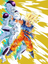 Rule 34 | 2boys, absurdres, blonde hair, blue boots, blue sash, blue shirt, boots, colored skin, dragon ball, dragonball z, final form frieza, frieza, full body, green eyes, highres, male focus, multiple boys, nishitakuart, no eyebrows, orange pants, pants, sash, shirt, simple background, son goku, spiked hair, super saiyan, super saiyan 1, torn clothes, torn pants, torn shirt, white skin, yellow background