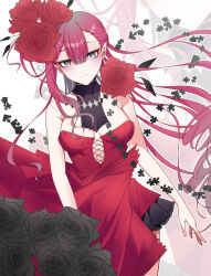 1girl baobhan_sith_(fate) baobhan_sith_(fgo_fes._2025)_(fate) bare_shoulders black_flower blush breasts detached_collar dress fate/grand_order fate_(series) flower grey_eyes hair_flower hair_ornament highres long_hair looking_at_viewer mio0502 pink_hair pointy_ears red_dress red_flower solo white_background