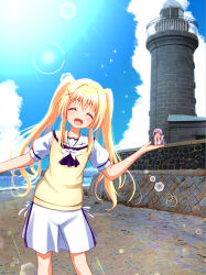 2girls :d ^_^ ascot backlighting bird black_ascot blonde_hair blue_sky blush closed_eyes cloud commentary_request cumulonimbus_cloud day facing_viewer feet_out_of_frame forced_perspective gomasho_asuka hair_between_eyes hair_ornament hand_up hands_on_own_cheeks hands_on_own_face happy highres lighthouse long_hair miniskirt mizuori_shizuku multiple_girls ocean open_hand open_mouth outdoors purple_hair sailor_collar school_uniform seagull serafuku shirt shore short_sleeves sidelocks skirt sky smile solo_focus standing straight_hair summer_pockets summer_pockets_school_uniform sunlight sweater_vest tsumugi_wenders twintails very_long_hair white_sailor_collar white_serafuku white_shirt white_skirt x_hair_ornament yellow_sweater_vest