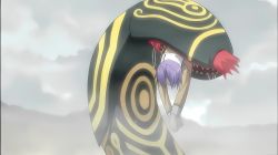 00s 1girl animated ayakashi blood death eating green_eyes guro happy hard_vore highres monster natsuhara_orie purple_hair ribbon school_uniform short_hair swallowing video vore
