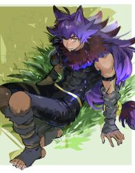 1boy animal_ears arm_support arm_warmers armband black_armband black_bodysuit bodysuit bright_pupils ch_walnut closed_mouth commentary_request covered_abs facial_hair fur_collar grass grey_arm_warmers highres knees korean_commentary leaning_back leon_(pokemon) long_hair looking_up low-tied_long_hair male_focus nintendo pokemon pokemon_swsh purple_hair sitting smile solo stirrup_legwear toeless_legwear yellow_eyes