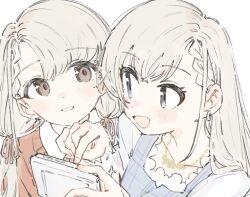 2girls blue_eyes blush braid brown_eyes cellphone dress grey_hair hisakawa_hayate hisakawa_nagi idolmaster idolmaster_cinderella_girls long_hair looking_at_another multiple_girls open_mouth phone siblings sisters smartphone smile tenoo12 twins twintails upper_body
