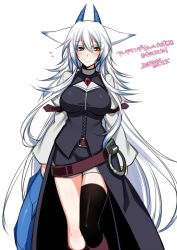 Rule 34 | 1girl, alternate costume, animal ears, arm belt, belt, blue eyes, blush, breasts, dragon horns, dragon tail, female focus, flying sweatdrops, fox ears, heterochromia, horns, konshin, large breasts, long hair, looking at viewer, orange eyes, orie hakua, pixiv fantasia, pixiv fantasia new world, short shorts, shorts, silver hair, single thighhigh, solo, tail, thighhighs, very long hair, white background