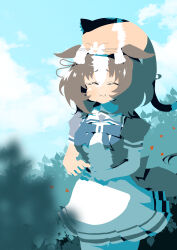 Rule 34 | 1girl, :t, absurdres, animal, animal ears, animal on head, back bow, blue bow, blue bowtie, blue shirt, blue sky, blurry, blurry foreground, bow, bowtie, brown hair, cat, closed mouth, cloud, cloudy sky, commentary, cowboy shot, day, depth of field, eating, heart, highres, horse ears, horse girl, horse tail, medium hair, meisho doto (umamusume), meto (cat), miniskirt, multicolored hair, on head, outdoors, pleated skirt, sailor collar, school uniform, shirt, skirt, sky, smile, solo, standing, super-mu, tail, thighhighs, tracen school uniform, two-tone hair, umamusume, white hair, white sailor collar, white skirt, white thighhighs