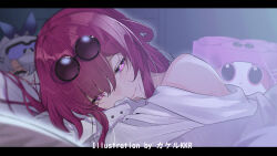 2girls artist_name blurry blurry_background closed_mouth commentary_request critter_pick_(honkai:_star_rail) dual_persona eyewear_on_head glasses head_tilt honkai:_star_rail honkai_(series) indoors kafka_(honkai:_star_rail) kafka_(shader_cat)_(honkai:_star_rail) letterboxed long_hair looking_at_viewer multiple_girls pince-nez purple_eyes purple_hair round_eyewear shirt silver_wolf_(honkai:_star_rail) solo_focus srpzk sunglasses white_shirt