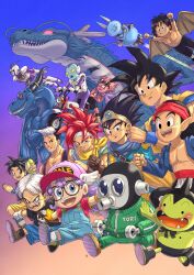 Rule 34 | black hair, blue shorts, character request, commentary request, copyright request, dr. slump, dragon, dragon ball, dragon quest, fangs, flying, ginga patrol jaco, highres, jaco (ginga patrol jaco), long hair, mask, multiple boys, norimaki arale, open mouth, overalls, purple hair, red hair, scar, shenron (dragon ball), shirt, shorts, smile, son goku, spiked hair, toriyama akira (character), track suit, wings, yellow shorts, yuto sakurai