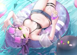1girl :d absurdres adjusting_eyewear afloat alternate_costume arm_up ball beachball bibi_(tokoyami_towa) bikini black_bikini black_ribbon blue_shorts blush braid breasts breasts_apart collarbone commentary cup demon_tail drinking_glass drinking_straw eyewear_on_head fang green_eyes hair_between_eyes hair_ornament hair_ribbon hairclip heart heart_tattoo highres holding holding_cup hololive izumi_kei leg_tattoo looking_at_viewer lying micro_shorts navel on_back open_mouth piercing purple-framed_eyewear purple_hair ribbon round_eyewear shorts small_breasts smile solo stomach sunglasses swim_ring swimsuit tail tail_ornament tail_piercing tattoo thigh_strap tokoyami_towa twintails virtual_youtuber water water_balloon