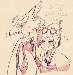 1boy 1girl arm_at_side beak bird_boy blush body_fur braid breasts collarbone cropped_torso eyewear_on_head from_side furry furry_male glasses grin hair_bun half-closed_eyes hand_on_another&#039;s_arm happy hyrule_warriors:_age_of_calamity japanese_text long_sleeves monochrome motion_lines nintendo open_mouth profile purah quad_tails revali rito scarf shirt short_hair shoulder_pads sidelocks simple_background sketch small_breasts smile speech_bubble standing swept_bangs talking teeth the_legend_of_zelda the_legend_of_zelda:_breath_of_the_wild translation_request ukata unamused upper_body