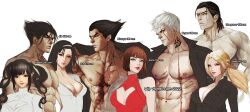 4boys 4girls anna_williams black_hair blonde_hair blue_eyes breasts brown_hair bryan_fury cleavage kazama_jin kazama_jun large_breasts ling_xiaoyu medium_breasts mishima_kazuya multiple_boys multiple_girls namco nina_williams tekken white_background