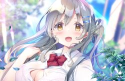 1girl bag blue_sky blurry blurry_background bra bra_visible_through_clothes breasts brown_eyes bursting_breasts cleavage collared_shirt day depth_of_field falling_leaves grey_hair hair_ornament hairclip highres kibii_mocha large_breasts leaf long_hair looking_at_viewer open_mouth original outdoors pink_bra school_bag school_uniform shirt sidelocks sky smile solo underwear white_shirt