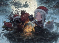 blonde_hair blood bloodborne chibi cleric_beast hat hunter_(bloodborne) hunter_(great_one)_(bloodborne) messengers_(bloodborne) monster moon moon_presence_(bloodborne) night plain_doll santa_hat short_hair smile spoilers tatsuya_(atelier_road) vicar_amelia wolf |_|