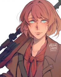 brown_hair brown_jacket brown_shoes closed_mouth collarbone courier_(fallout:_new_vegas) fallout fallout:_new_vegas freckles green_eyes gun hair_between_eyes jacket looking_at_viewer milramemo noelle_(milramemo) over_shoulder rifle scope shoes signature simple_background smile sniper_rifle twitter_username upper_body weapon weapon_over_shoulder white_background