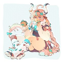 1girl ahoge animal_ears aqua_bow aqua_hair bandaid bandaid_on_knee bandaid_on_leg bell black_shorts bow braid burger commentary cow_ears cow_girl cow_horns cow_tail eating english_commentary food full_body genshin_impact hair_ornament hairband holding holding_food horns leg_warmers long_hair looking_at_viewer loose_socks multicolored_hair pink_hair polka_dot polka_dot_background purple_eyes shorts sitting socks solo streaked_hair tail tail_bow tail_ornament thick_thighs thighs twin_braids varesa_(genshin_impact) velkia very_long_hair white_sleeves x_hair_ornament