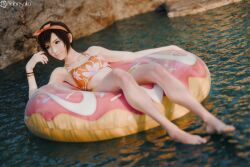 Rule 34 | baithing suit, bare arms, bare shoulders, barefoot, bracelet, brown eyes, brown hair, donut, final fantasy, final fantasy vii, food, hair ribbon, jewelry, legs, petite, ribbon, short hair, smile, toes, water, yuffie kisaragi