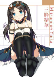 1girl arms_behind_back bdsm black_thighhighs blue_eyes bondage bound bound_arms bound_legs brown_hair character_name closed_mouth collarbone commentary commission dated detached_sleeves english_commentary feet female_focus full_body goggles goggles_on_head head_tilt highres idolmaster idolmaster_shiny_colors knees_up long_hair looking_at_viewer mitsumine_yuika no_eyewear popped_collar rope sheita sidelocks signature single_detached_sleeve sitting solo tank_top thighhighs twintails white_background