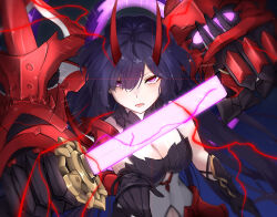 1girl ahoge armor black_collar black_gloves breasts cleavage collar commentary_request disembodied_hand drawing_sword electricity eyeliner eyes_visible_through_hair gloves glowing glowing_eye glowing_sword glowing_weapon hair_between_eyes hair_intakes hair_over_one_eye highres holding holding_sword holding_weapon honkai_(series) honkai_impact_3rd horns katana large_breasts long_hair long_horns looking_at_viewer makeup midriff nagonako open_mouth outstretched_arm pauldrons purple_eyes purple_hair raiden_mei raiden_mei_(herrscher_of_thunder) red_eyeliner red_horns red_pupils scabbard sheath shoulder_armor single_bare_shoulder single_pauldron solo sword unsheathing upper_body very_long_hair weapon
