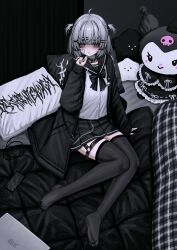 1girl absurdres among_us asus black_nails cellphone commentary crewmate_(among_us) cross goth_fashion highres jewelry kuromi lobsteranian mole mole_under_eye o-ring onegai_my_melody original phone ring sanrio short_hair
