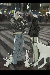 2boys black_hair black_jacket city commentary_request crosswalk dog father_and_son full_body fushiguro_megumi fushiguro_touji gyokuken highres jacket jujutsu_kaisen letterboxed multiple_boys night orochi_(jujutsu_kaisen) people profile rabbit scar scar_on_face scar_on_mouth short_hair spiked_hair takeuchi_ryousuke wolf