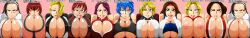 Rule 34 | 6+girls, asamiya athena, between breasts, black eyes, black hair, blue eyes, blue hair, blue mary, bow, bowtie, breast press, breasts, breasts out, breasts squeezed together, brown eyes, brown hair, bursting breasts, cleavage, cleavage cutout, clothes lift, clothing cutout, collar, dougi, dress, earrings, female focus, formal clothes, green eyes, hair over one eye, hairband, heart, huge breasts, japanese clothes, japanese text, jewelry, kagura chizuru, kagura maki, kaiman82, kaimanwanio, karate gi, king (snk), large breasts, leona heidern, long hair, looking at viewer, maki, maki (kof), mature (kof), multiple girls, nipples, one eye covered, open clothes, open mouth, pale skin, ponytail, purple eyes, purple hair, red hair, shermie (kof), shiny clothes, shiny skin, shiranui mai, shirt, short hair, sideboob, sleeveless, smile, smiley face, striped clothes, suit, tank top, the king of fighters, tight clothes, tight shirt, tuxedo, unbuttoned, underboob, undressing, very long hair, vice (kof), white shirt, yuri sakazaki