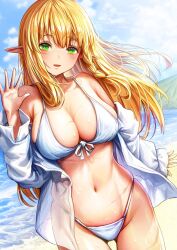 Rule 34 | 1girl, absurdres, beach, bikini, blonde hair, blush, braided sidelock, breasts, cleavage, collarbone, cowboy shot, day, dutch angle, floating hair, front-tie bikini top, front-tie top, gibagiba, green eyes, hand up, hashtag-only commentary, highres, large breasts, long hair, long sleeves, looking at viewer, navel, ocean, off shoulder, open clothes, open mouth, open shirt, original, outdoors, pointy ears, smile, solo, standing, stomach, string bikini, swimsuit, waving
