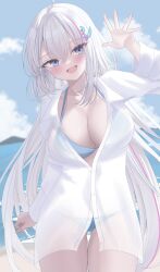 1girl absurdres ahoge beach bikini blue_bikini blue_eyes blush breasts cleavage cloud ember_amane gluteal_fold hair_ornament highres large_breasts long_hair multicolored_hair non_non427 open_mouth partially_unbuttoned phase_connect pink_hair second-party_source shirt sky solo streaked_hair swimsuit thigh_gap virtual_youtuber white_hair white_shirt