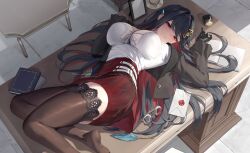 1girl absurdres belt black_gloves black_hair black_jacket black_thighhighs blush book bra breasts chain cleavage clothing_cutout colored_inner_hair commentary cropped_jacket desk envelope feet from_above front-tie_top gloves gold_chain hair_between_eyes hair_ornament high-waist_skirt highres illian-san indoors inkwell jacket lace lace-trimmed_legwear lace_trim large_breasts light_particles long_hair looking_at_viewer lying multicolored_hair on_back on_desk open_book open_clothes open_jacket original parted_lips picture_frame quill red_eyes red_hair red_skirt shirt shirt_tucked_in sitting skirt soles solo sparkle sweat symbol-only_commentary table thighhighs tile_floor tiles two-tone_hair underwear unworn_eyewear very_long_hair wax_seal white_belt white_bra white_shirt