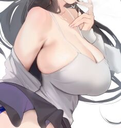 1girl black_hair black_skirt breasts camisole cleavage close-up collarbone commentary_request head_out_of_frame highres inushima jacket large_breasts long_hair long_sleeves original simple_background skirt solo standing veins veiny_breasts white_background white_camisole white_jacket