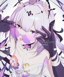 1girl asymmetrical_gloves bare_shoulders black_gloves breasts castorice_(honkai:_star_rail) colored_inner_hair detached_collar dress flower gloves grey_hair highres honkai:_star_rail honkai_(series) looking_at_viewer medium_breasts medium_hair multicolored_hair notcy4n pointy_ears purple-tinted_eyewear purple_eyes purple_hair smile sunglasses tiara tinted_eyewear tongue tongue_out white_dress