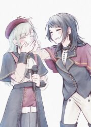 2girls :d =_= arm_up ascot bang_dream! bang_dream!_it&#039;s_mygo!!!!! beret black_capelet black_hair black_jacket black_overskirt black_sleeve_cuffs blue_gemstone blush buttons capelet closed_eyes collared_shirt commentary covering_own_mouth cowboy_shot earrings facing_another gem green_gemstone green_hair hand_over_own_mouth hand_up hat headpat highres holding holding_microphone jacket jewelry lapel_pin lapels legs_together long_hair long_sleeves medium_hair microphone mortis_(bang_dream!) mortis_(costume)_(bang_dream!) motion_lines multiple_girls open_mouth parted_bangs parted_lips red_capelet red_hat red_shorts see-through_clothes see-through_sleeves shirt shorts shoulder_boards shure_sm58 simple_background smile swept_bangs teardrop three-quarter_sleeves timoris_(bang_dream!) wakaba_mutsumi white_ascot white_background white_shirt white_shorts yahata_umiri yakaze_(yakaze1604)
