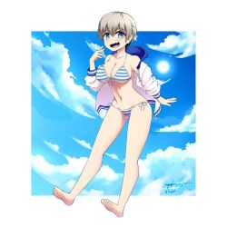 1girl 2020 :d bare_shoulders barefoot bikini blue_sky blush border breasts cloud cloudy_sky commentary english_commentary fang feet full_body grey_hair hair_between_eyes jacket jestami large_breasts looking_at_viewer navel off_shoulder open_clothes open_jacket open_mouth outside_border short_hair side-tie_bikini_bottom signature skin_fang sky smile solo stomach striped_bikini striped_clothes sun swimsuit track_jacket underboob uzaki-chan_wa_asobitai! uzaki_hana white_border