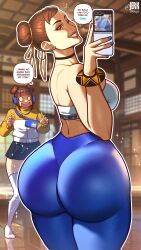 2girls arm_up artist_name ass black_choker blue_pants breasts brown_eyes brown_hair capcom choker chun-li closed_mouth crop_top double_bun earrings embarrassed grin hair_bun hair_ornament highres holding holding_phone huge_ass indoors jerkdibuja jewelry large_breasts leggings li-fen looking_back medium_hair miniskirt multicolored_jacket multiple_girls navel one_eye_closed pants phone selfie shirt short_hair skin_tight skindentation skirt small_breasts smile spanish_text stomach street_fighter street_fighter_6 surprised tank_top translation_request two-tone_jacket white_shirt wink