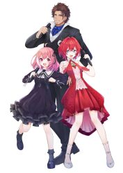 1boy 2girls :d ahoge ange_katrina ange_katrina_(3rd_costume) ankle_strap bare_legs beard belmond_banderas belmond_banderas_(5th_costume) black_dress black_jacket black_pants black_ribbon black_shoes black_suit black_vest blue_eyes blue_scarf blue_shoes blush brown_hair chinstrap_beard collared_dress collared_shirt commentary_request crossed_bangs curtained_hair dark_skin dot_nose dress earrings facial_hair fang flats floral_print floral_print_dress formal_clothes frilled_dress frilled_socks frills full_body gold_necklace grey_socks grin group_picture hair_intakes hair_ornament hair_ribbon hand_up hands_up height_difference highres holding holding_microphone inumoto jacket jewelry lace_socks lapels layered_dress long_sleeves looking_to_the_side mary_janes medium_dress microphone mole mole_under_eye multicolored_hair multiple_girls neck_ribbon necklace nijisanji open_clothes open_jacket open_mouth panda_ornament pants peaked_lapels pink_dress pink_eyes pink_hair pink_socks popped_collar print_dress red_dress red_hair ribbon sasaki_saku sasaki_saku_(4th_costume) scarf shirt shoes short_hair simple_background skin_fang sleeveless sleeveless_dress smile socks standing streaked_hair suit teeth upper_teeth_only v-shaped_eyebrows vest virtual_youtuber waistcoat white_background white_ribbon white_shirt white_shoes wireless_microphone wrist_ribbon yellow_eyes