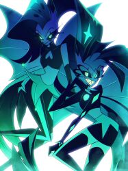 2girls aqua_eyes demon_girl demon_horns demon_wings evil_grin evil_smile glam_(helluva_boss) glitz_(helluva_boss) grin helluva_boss highres horns long_hair multiple_girls onyx_superbia ponytail sharp_teeth siblings sisters skin_tight slit_pupils smile teeth very_long_hair wings