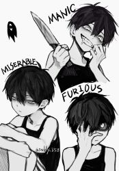 1boy black_hair black_tank_top closed_mouth collarbone colored_skin evil_grin evil_smile grin highres holding holding_knife knees_up knife looking_at_viewer male_focus omori omori_(omori) open_mouth raddy_358 shaded_face simple_background smile solo something_(omori) tank_top teeth twitter_username white_background white_eyes white_skin