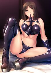 1girl black_boots black_eyes black_gloves boots breasts brown_hair finger_to_mouth gloves highres large_breasts looking_at_viewer midou_sayuri nana_g navel official_art s_kano_~chotto_s_na_kanojo_wa_suki_desu_ka?~ short_hair sitting smile solo spread_legs strapless thigh_boots tube_top