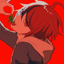 1boy ahoge black_hair frog hair_between_eyes hand_up holding_animal holding_frog hoodie looking_at_viewer male_focus messy_hair multicolored_hair open_mouth red_background red_eyes red_hair simple_background solo solo_focus sumino_takumi takumi-g_(hundred_line) teeth the_hundred_line_-last_defense_academy- tongue turning_head upper_body upper_teeth_only white_hoodie