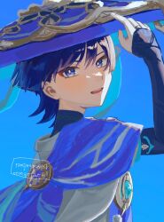 Rule 34 | 1boy, aqua gemstone, armor, black bodysuit, black bridal gauntlets, blue background, blue hair, blue sleeves, blunt ends, bodysuit, bridal gauntlets, bright pupils, cape, eyeliner, eyeshadow, fingernails, from side, furisode, gem, genshin impact, gold, gold ring, hand up, hat, highres, japanese armor, japanese clothes, jingasa, kimono, kote, kurokote, layered sleeves, light blush, looking at viewer, makeup, male focus, middle ring, open mouth, pom pom (clothes), purple cape, purple eyes, purple hat, red eyeliner, red eyeshadow, scaramouche (genshin impact), short sleeves, sketch, solo, teeth, tsurime, tukitoji0070, turtleneck, turtleneck bodysuit, upper body, upper teeth only, wanderer (genshin impact), white kimono, white pupils, white sleeves, white trim, wispy bangs