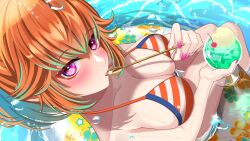 1girl aqua_hair bikini blush breasts cherry cleavage cup eating food from_above fruit green_hair highres holding holding_cup holding_spoon hololive hololive_english hrk_itoshi innertube large_breasts looking_at_viewer multicolored_hair orange_hair purple_eyes solo spoon streaked_hair striped_bikini striped_clothes swim_ring swimsuit takanashi_kiara virtual_youtuber water