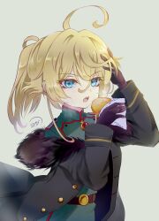 1girl absurdres ahoge belt black_coat black_gloves blonde_hair blue_eyes brown_belt buttons coat commentary_request cross dated food fur-trimmed_coat fur_trim gem gloves green_jacket hair_between_eyes hand_on_another&#039;s_head hands_up high_ponytail highres holding holding_food huge_ahoge iron_cross jacket long_hair long_sleeves looking_at_viewer mandarin_collar military_jacket open_clothes open_coat open_mouth ponytail red_gemstone sidelocks signature simple_background solo standing tanya_degurechaff teeth white_background youda_(seravichacha) youjo_senki