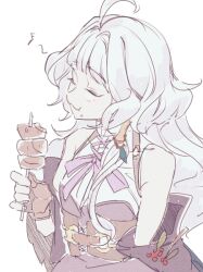 1girl ahoge bare_shoulders collarbone eighth_note grey_hair happy mabinogi musical_note rian_(bdl) rowan_(mabinogi) simple_background skewer sleeveless