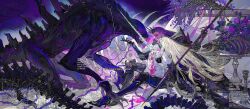 Rule 34 | 2girls, armor, bleeding, blonde hair, blood, blood on clothes, blue hair, breasts, crown, dark-skinned female, dark skin, dress, fangs, flower, grey background, hair flower, hair ornament, highres, holding hands, hug, knife in chest, long hair, monster, multiple girls, original, polearm, purple background, purple hair, s xing guowang, sitting, skeleton, small breasts, spear, stab, tail, very long hair, violet background, weapon, white dress, white eyes
