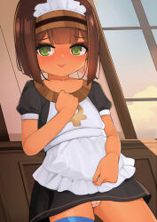 1girl apron astarte_(surio) black_dress blunt_ends blush bob_cut bow bow_panties brown_hair cameltoe commentary_request dark-skinned_female dark_skin dot_nose dress flashing flat_chest frilled_apron frills green_eyes groin highres indoors lifting_own_clothes loli looking_at_viewer maid maid_apron maid_headdress original paid_reward_available panties puffy_short_sleeves puffy_sleeves short_hair short_sleeves solo surio teeth thigh_strap tongue tongue_out underwear upper_teeth_only white_apron white_panties window
