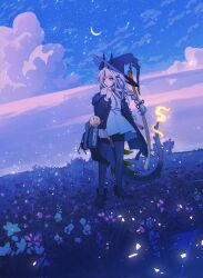 1girl arknights black_hat black_horns black_pantyhose blonde_hair braid cloud crescent_moon dragon_girl dragon_horns dragon_tail dress ev-oo fire flame-tipped_tail flower full_body grass green_eyes hat highres horns long_hair moon night night_sky on_grass pantyhose reed_(arknights) sky solo standing tail white_dress witch_hat
