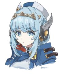 1girl artist_name blue_eyes blue_hair blunt_bangs closed_mouth enoziku_16 expressionless genshin_impact hair_ornament hair_up hat headpiece highres hood hood_down humanoid_robot ineffa_(genshin_impact) looking_at_viewer looking_to_the_side multicolored_eyes robot robot_girl simple_background solo twitter_username white_background