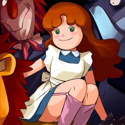 1girl 4boys artist_request cowardly_lion dog dorothy_gale garter_straps loli lowres multiple_boys oz_no_mahoutsukai_(1986) panties scarecrow scarecrow_(the_wizard_of_oz) tin_man_(the_wizard_of_oz) toto_gale underwear wizard_of_oz