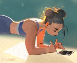 Rule 34 | 1girl, backlighting, bare arms, brown hair, capcom, chun-li, closed eyes, commentary, double bun, dripping, english commentary, exercising, fingernails, hair bun, messy hair, midriff, on floor, philtomato, planking, red nails, signature, simple background, solo, sports bra, street fighter, sweat, tablet pc, tan, workout clothes