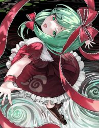 1girl absurdres boots bow dress frilled_dress frilled_ribbon frills front_ponytail gothic_lolita green_eyes green_hair hair_bow hair_ribbon highres kagiyama_hina lolita_fashion looking_at_viewer looking_back microa mountain_of_faith red_bow red_dress red_ribbon ribbon smile touhou water