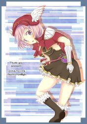1girl blue_background blue_border blue_eyes blush boots border breasts brown_boots brown_dress cape commentary_request creator_(ragnarok_online) dated dress feathered_wings full_body fur-trimmed_boots fur_trim ginn0613v gloves hat looking_at_viewer looking_back medium_breasts milestone_celebration open_mouth pink_hair potion ragnarok_online red_cape red_hat short_hair solo strapless strapless_dress striped_background white_background white_gloves white_wings winged_hat wings