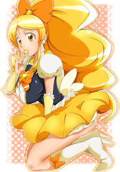 1girl absurdres blonde_hair blush boots bow breasts brooch candy clover_earrings crown_bow cure_honey earrings eating food gradient_background hair_bow happinesscharge_precure! heart heart_brooch highres jewelry large_breasts long_hair looking_at_viewer magical_girl oomori_yuuko orange_bow ponytail precure puffy_short_sleeves puffy_sleeves pururun_z shirt short_sleeves skirt smile solo vest wide_ponytail yellow_eyes yellow_shirt yellow_skirt